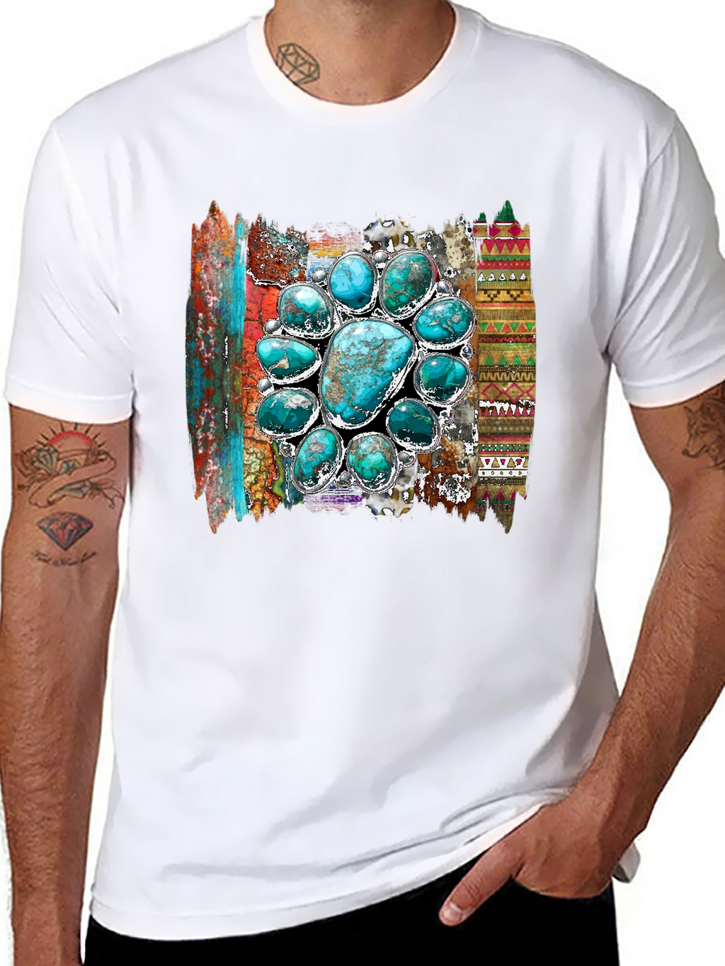 Turquoise Stone Design Mens Black T-Shirt