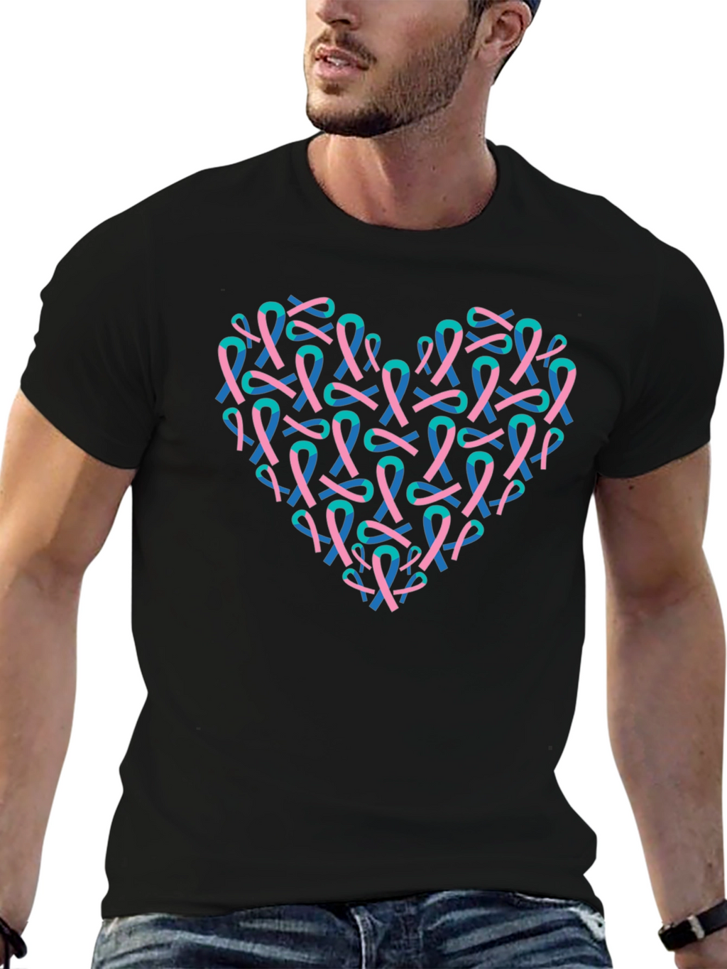 Heart Ribbon T-Shirt - Teal & Pink Design