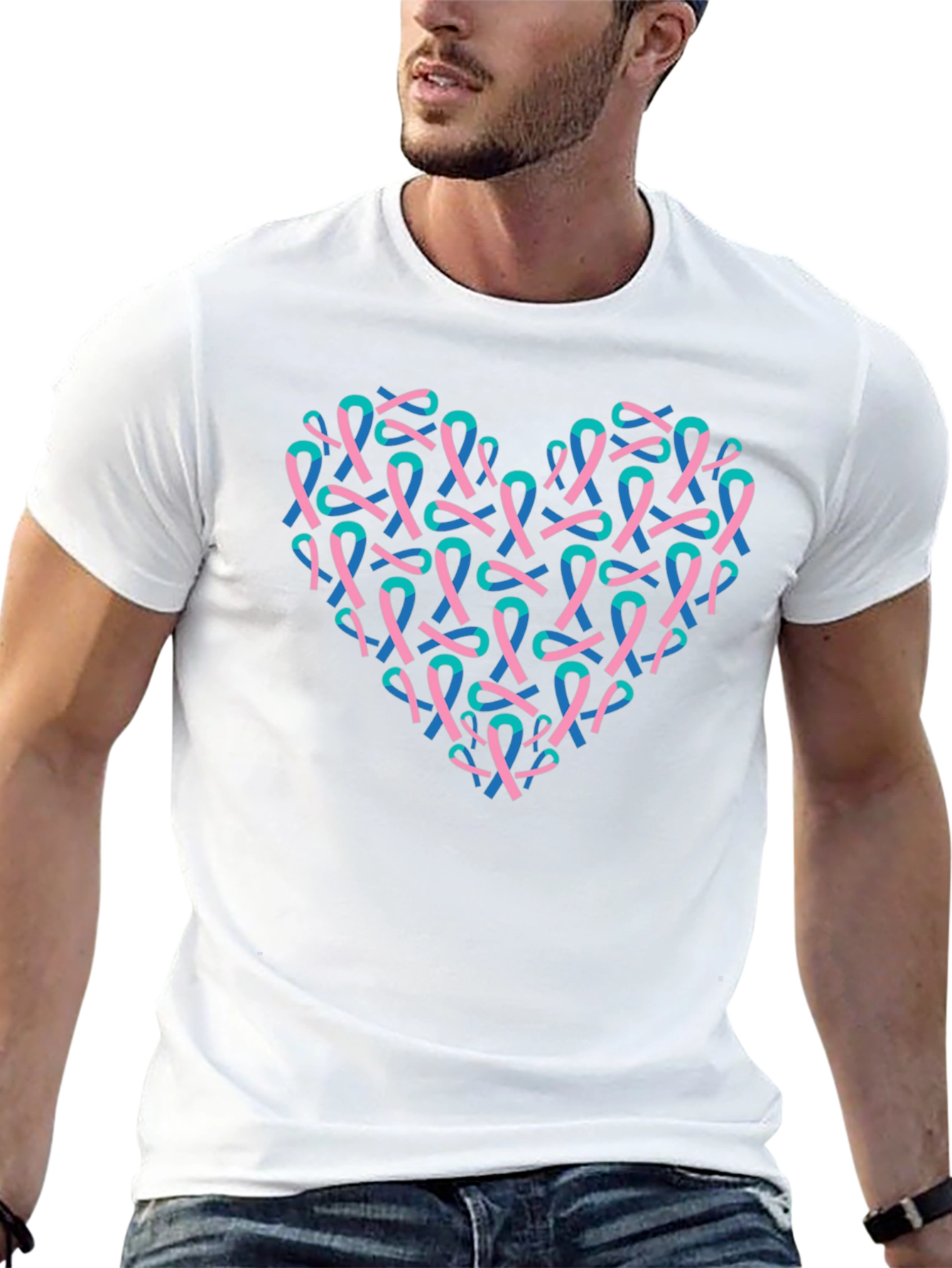 Heart Ribbon T-Shirt - Teal & Pink Design