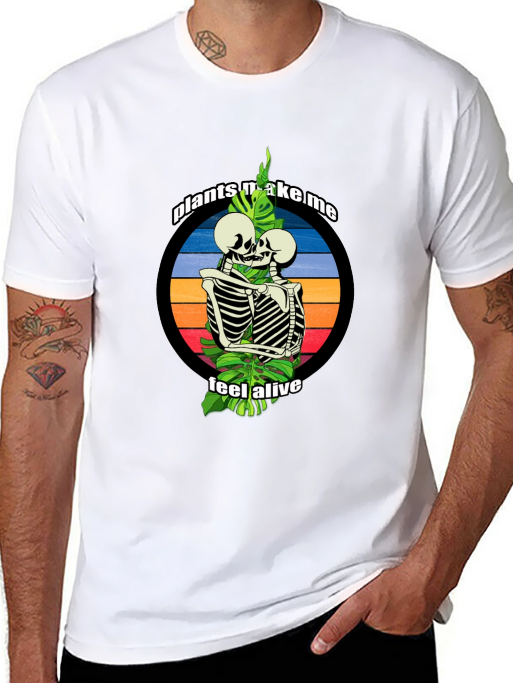 Plants Make Me Feel Alive Skeleton Embrace Tee