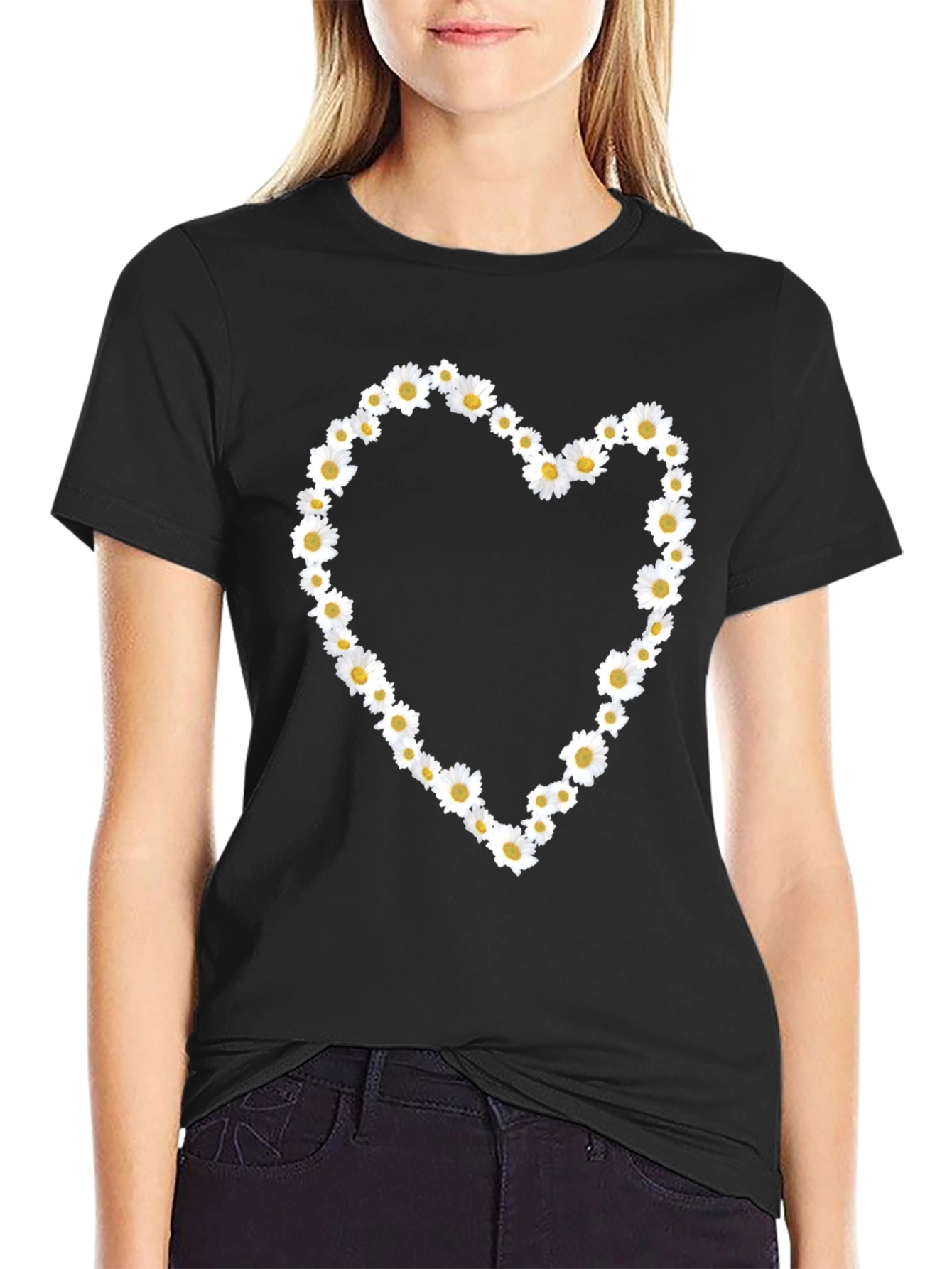 Daisy Heart Black Tee