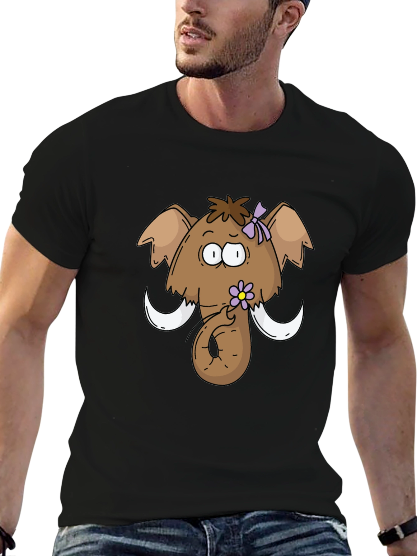 Funny Cartoon Mammoth Black T-Shirt