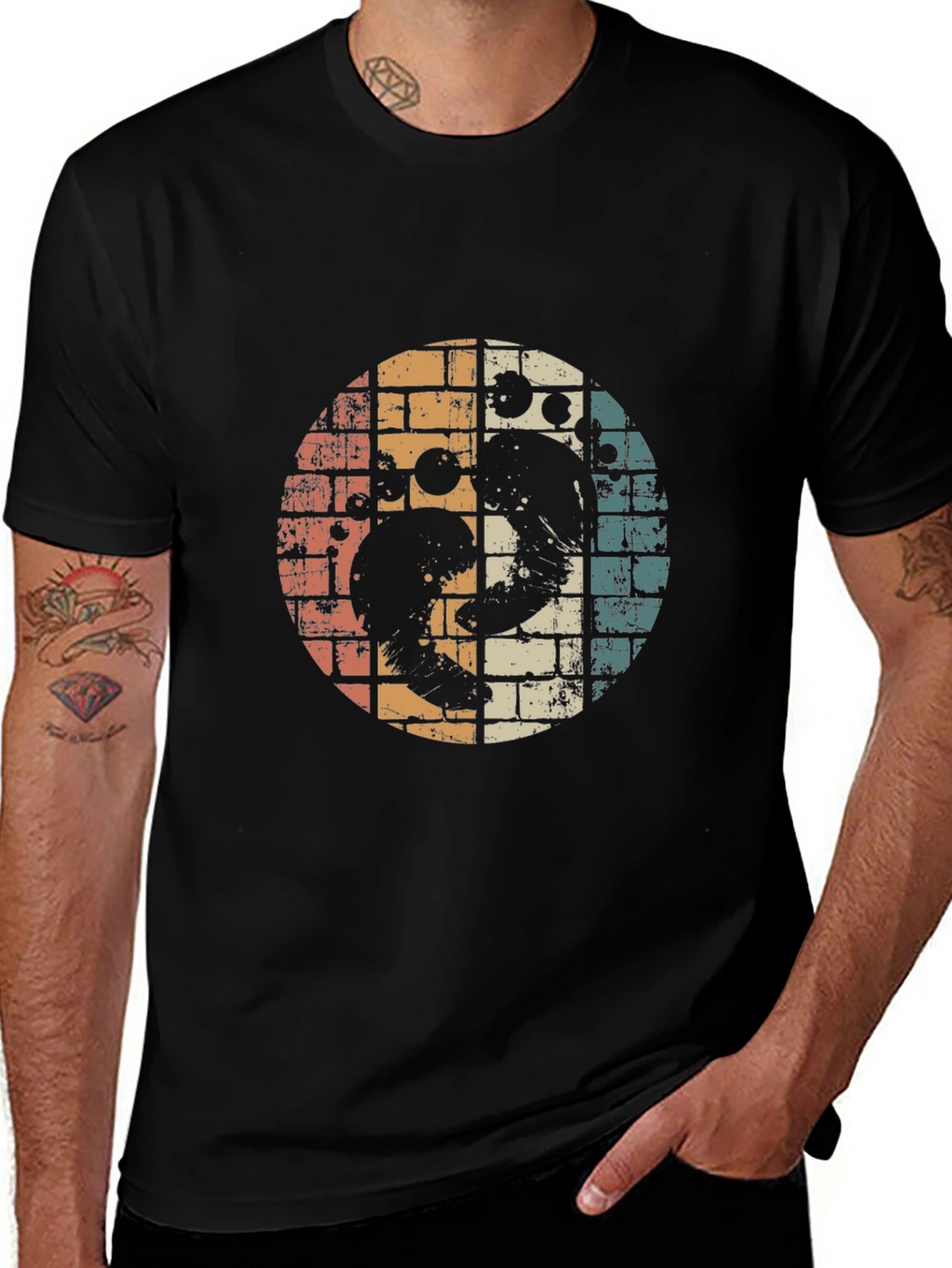 Retro Yin Yang Ocean Wave Graphic Tee - Black