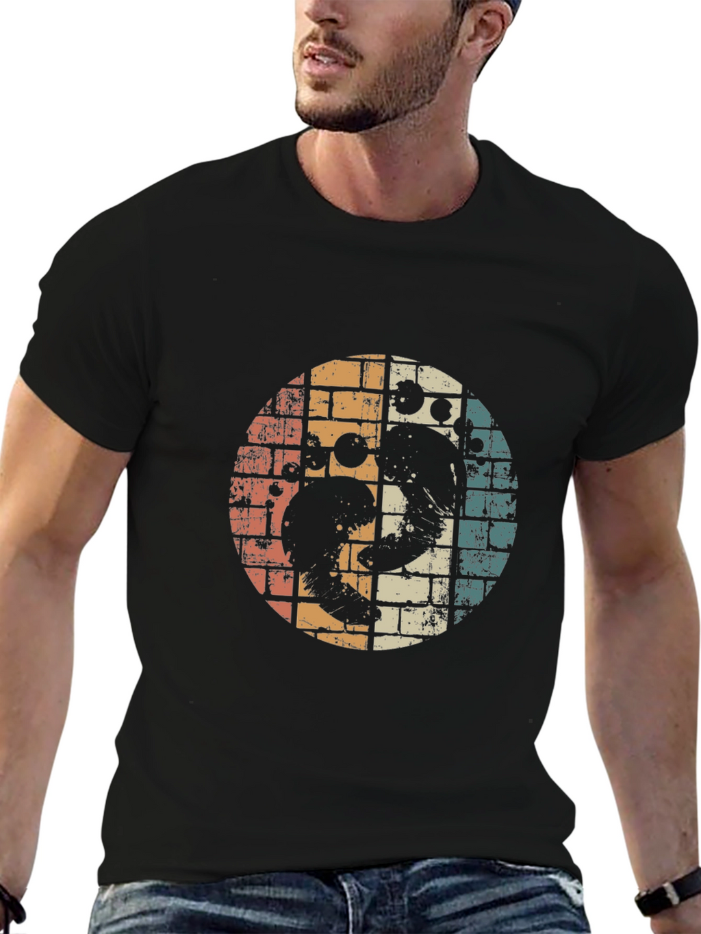 Retro Yin Yang Ocean Wave Graphic Tee - Black