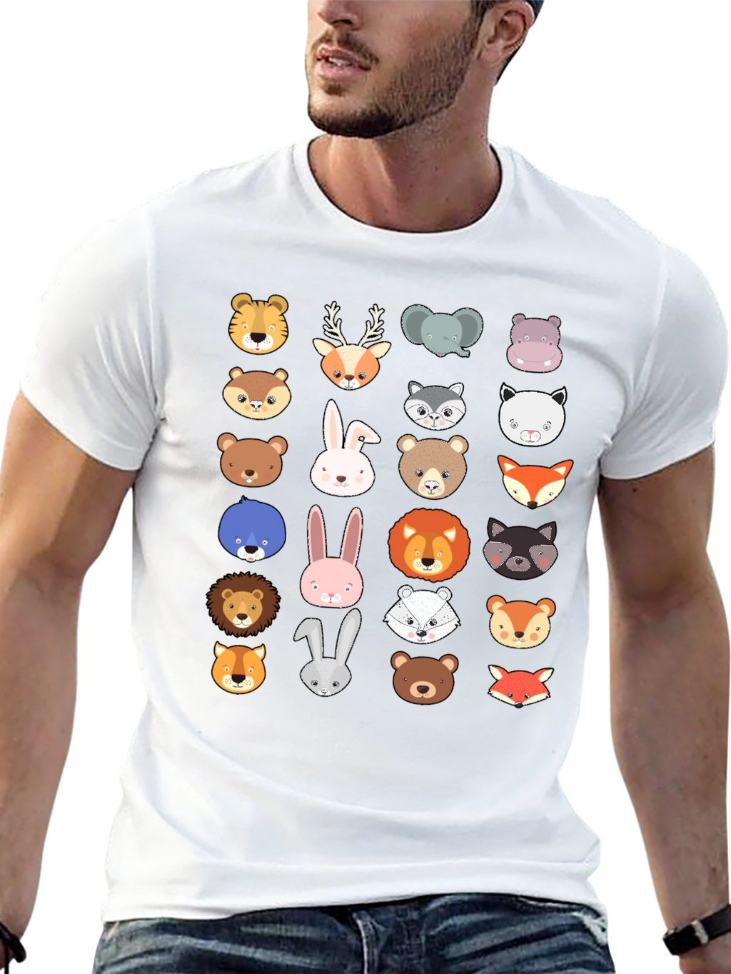 Animal Faces Graphic Print Crew Neck T-Shirt