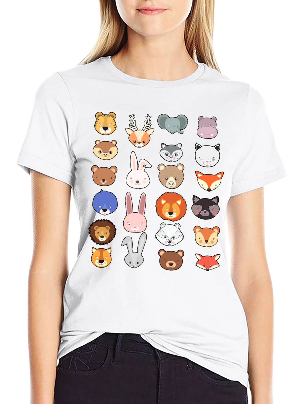 Animal Faces Graphic Print Crew Neck T-Shirt