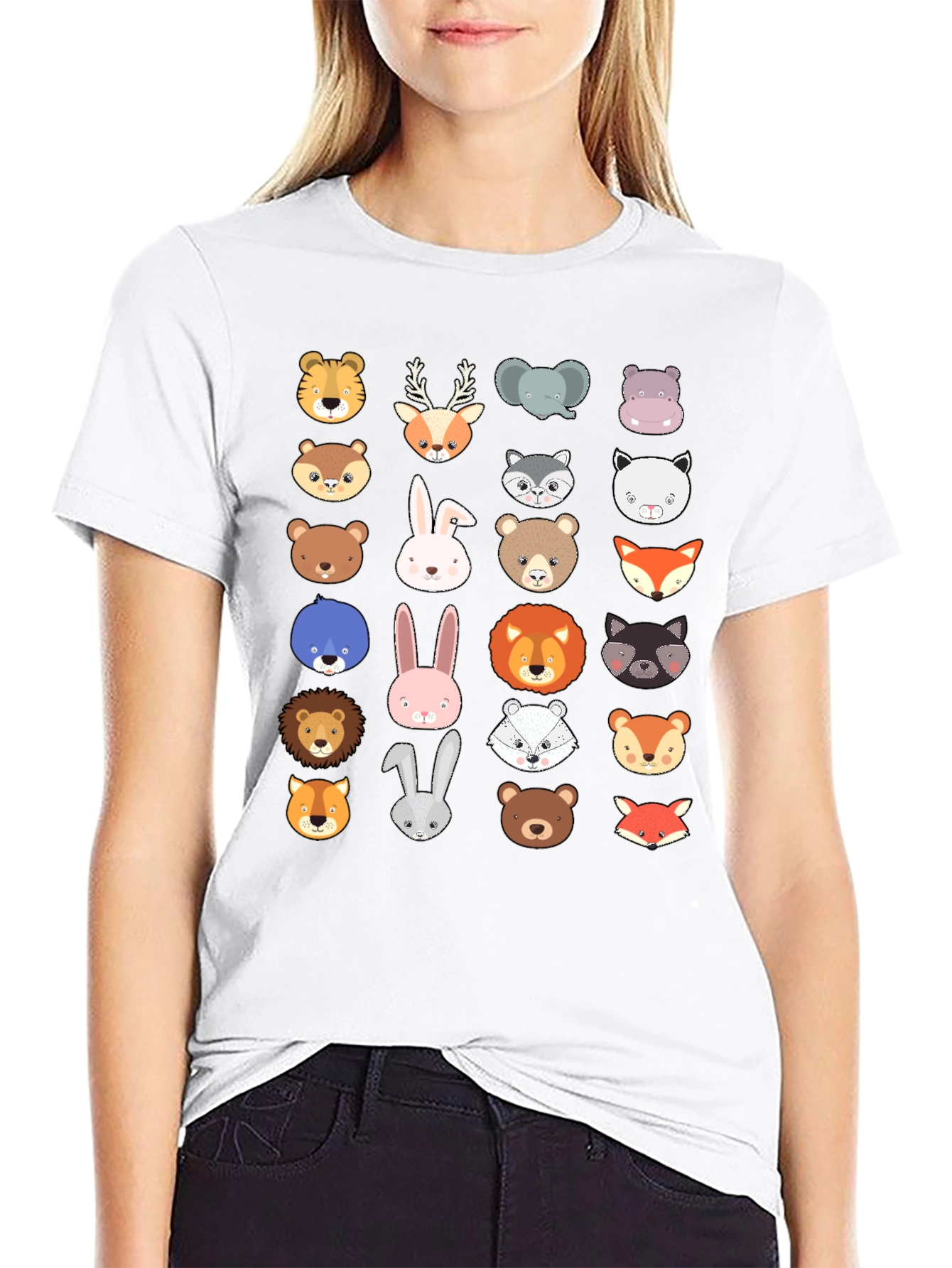 Animal Faces Graphic Print Crew Neck T-Shirt