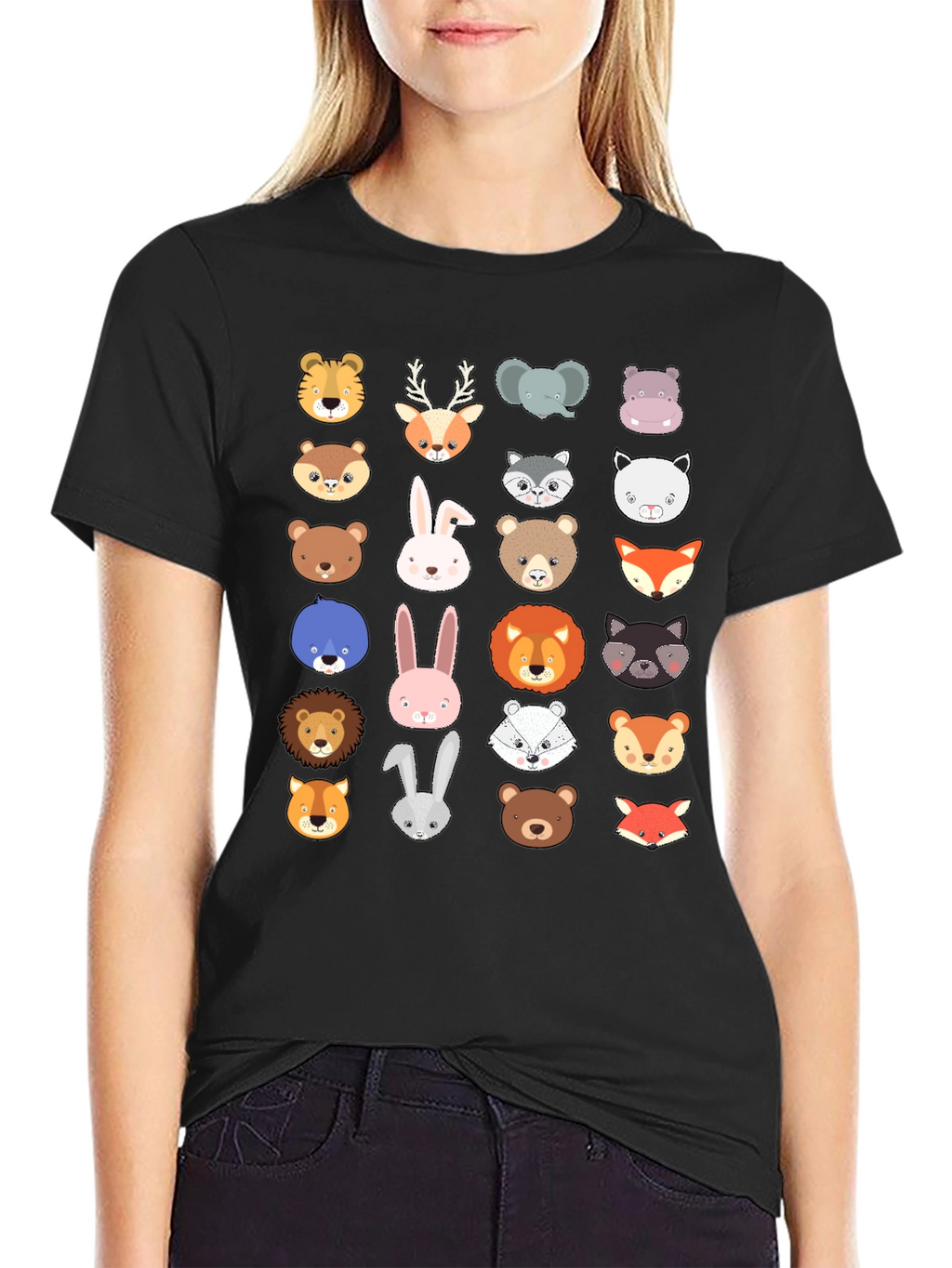 Animal Faces Graphic Print Crew Neck T-Shirt