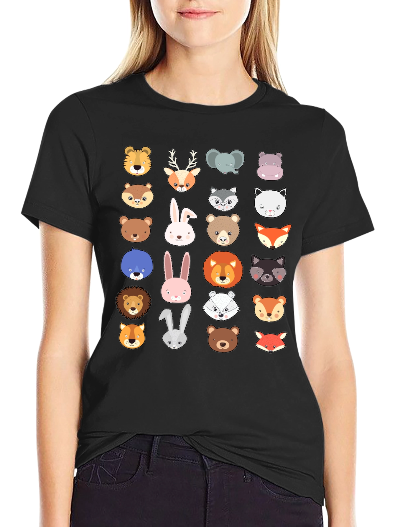 Animal Faces Graphic Print Crew Neck T-Shirt