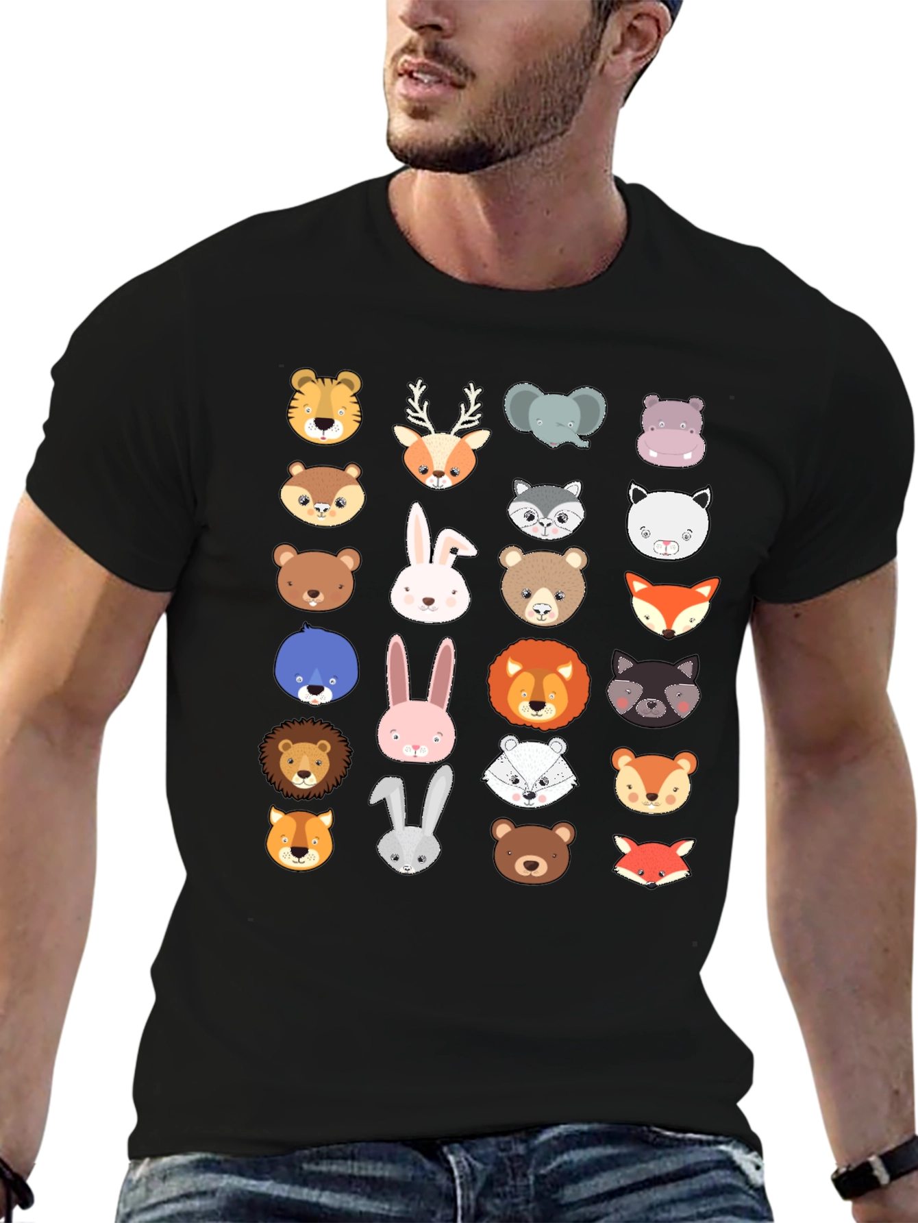 Animal Faces Graphic Print Crew Neck T-Shirt