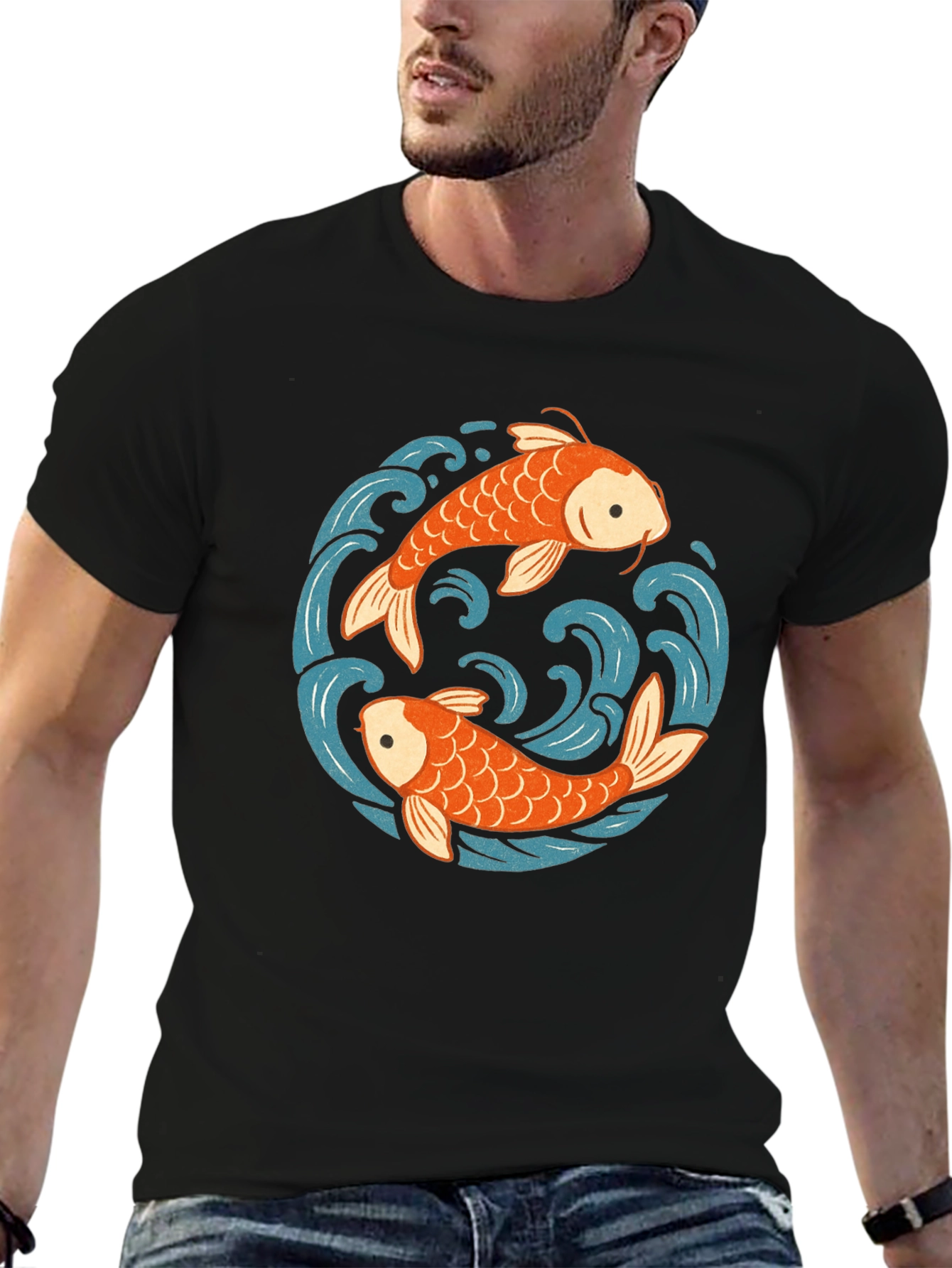 Koi Fish Yin Yang Graphic Tee - Black Cotton Comfort