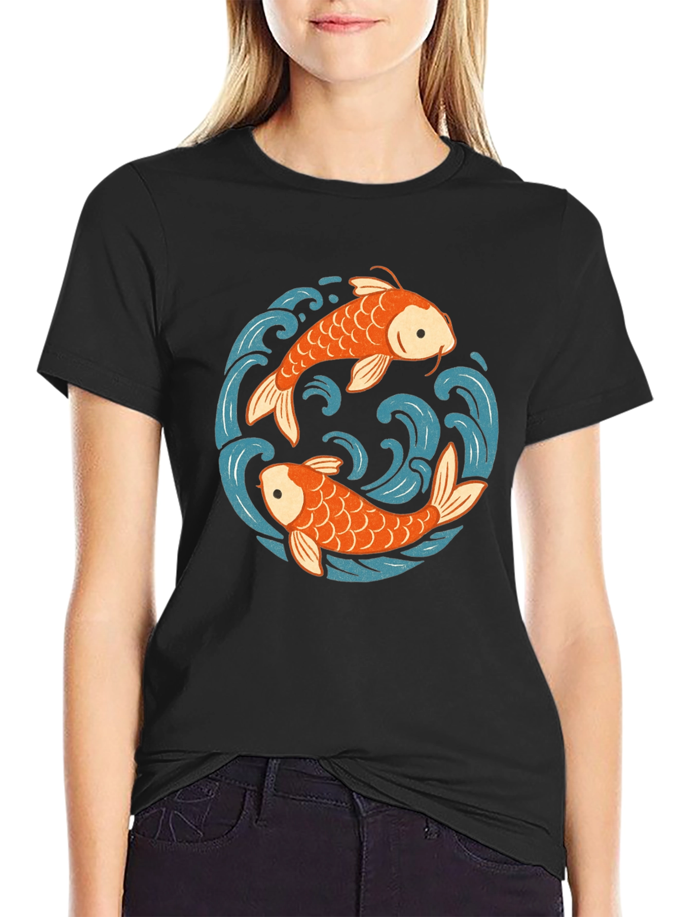 Koi Fish Yin Yang Graphic Tee - Black Cotton Comfort