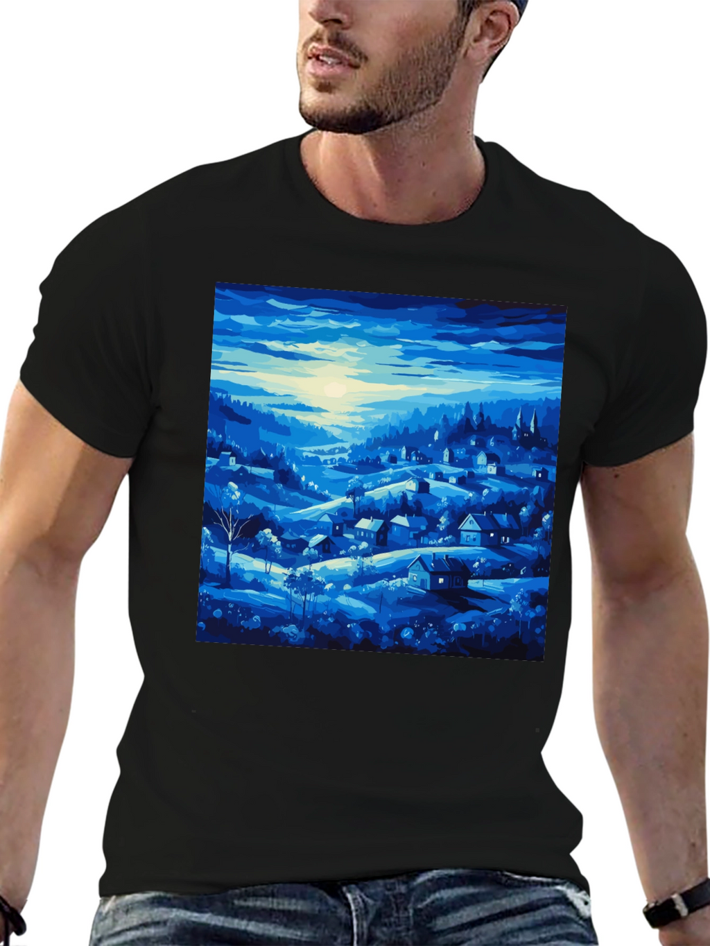 Blue Village Print Tee - Stylish Mens T-Shirt