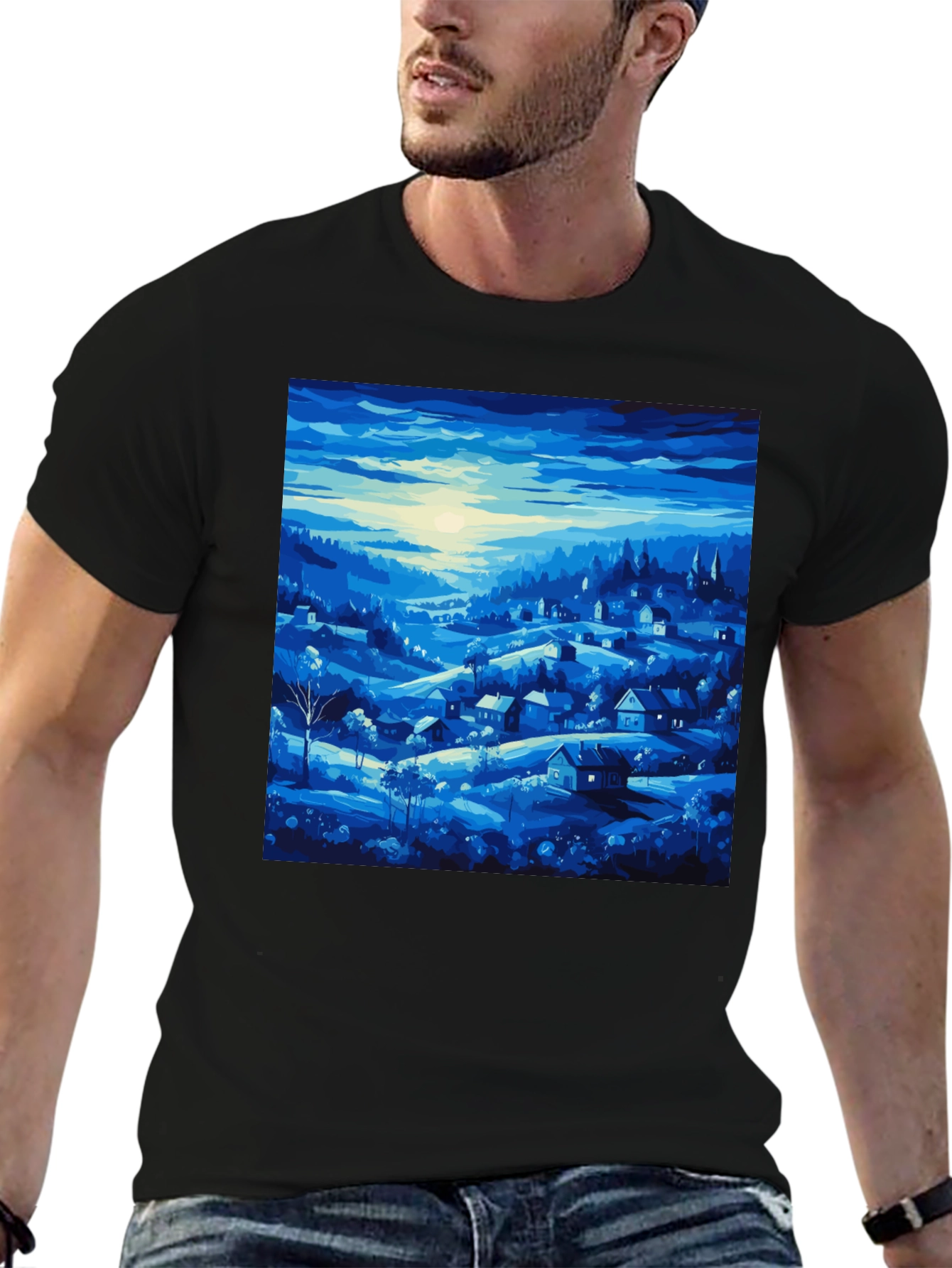 Blue Village Print Tee - Stylish Mens T-Shirt