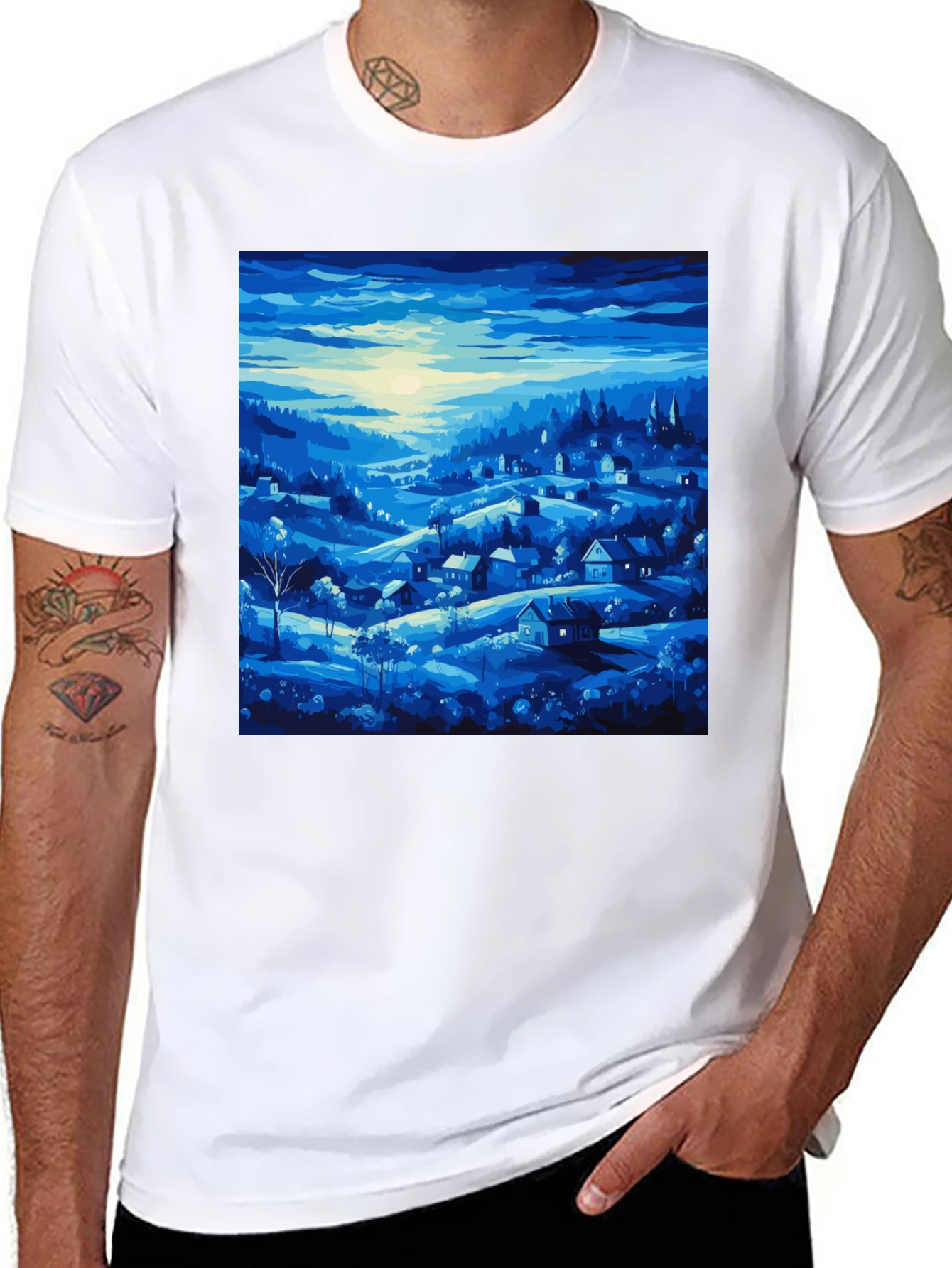 Blue Village Print Tee - Stylish Mens T-Shirt