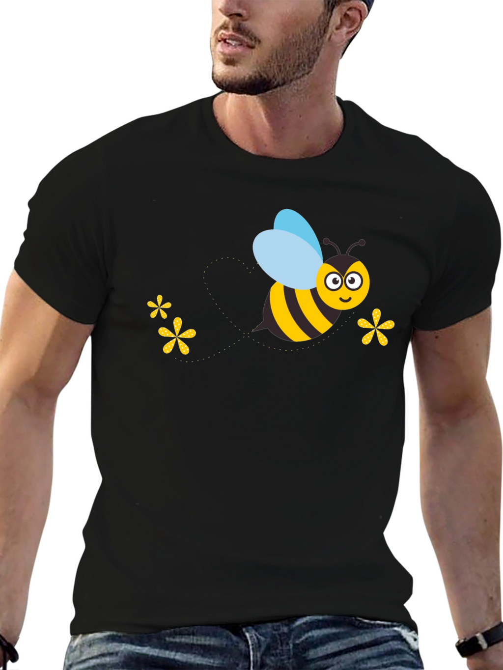 Black T-Shirt with Cartoon Bee Graphic