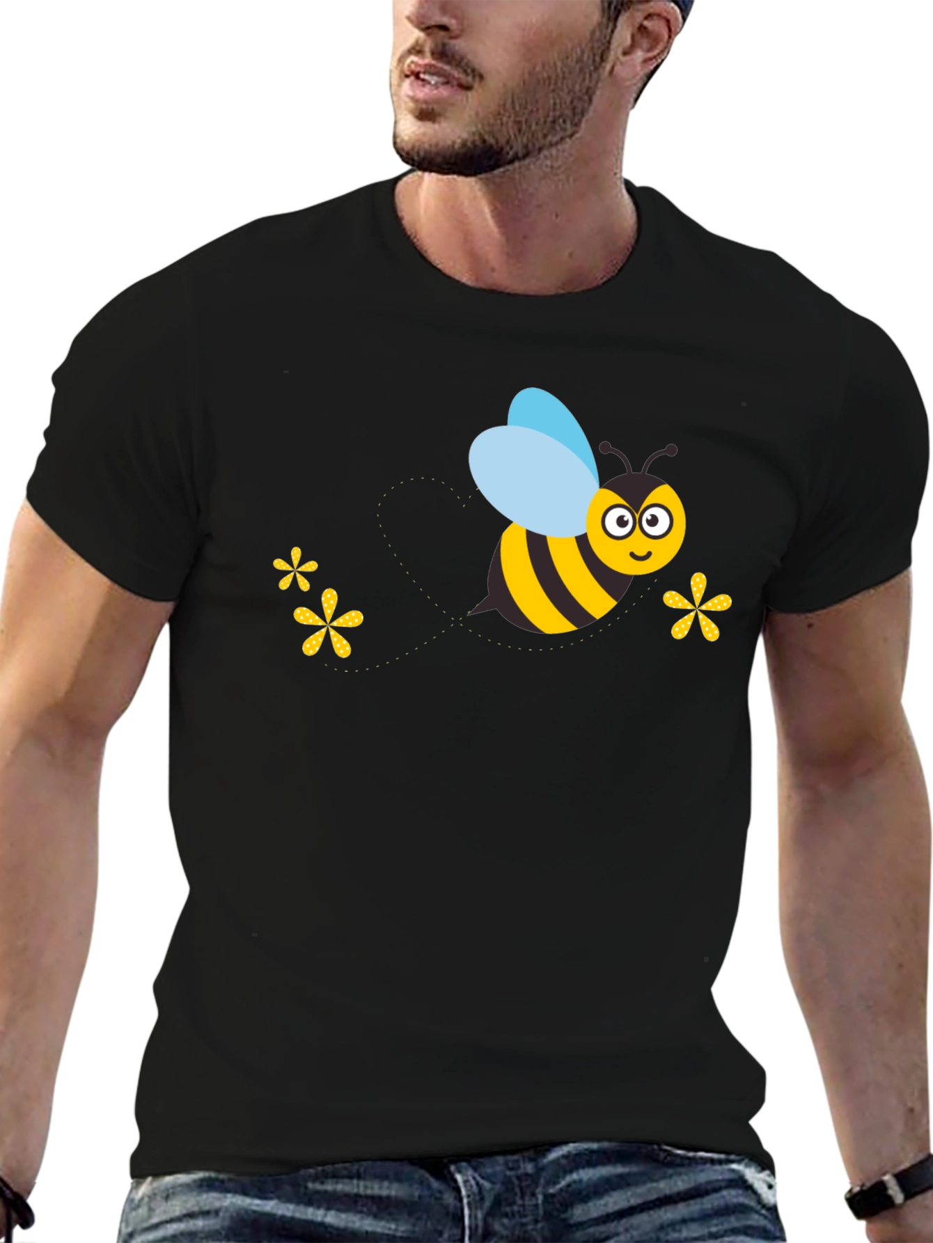 Black T-Shirt with Cartoon Bee Graphic