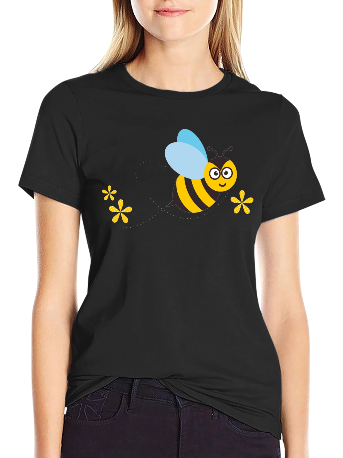 Black T-Shirt with Cartoon Bee Graphic