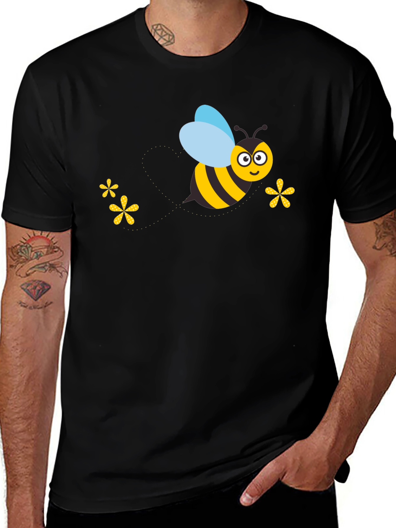 Black T-Shirt with Cartoon Bee Graphic