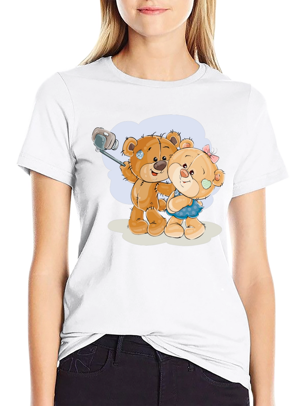 Cute Teddy Bear Selfie Black T-Shirt