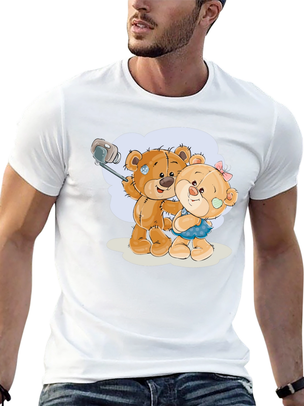 Cute Teddy Bear Selfie Black T-Shirt