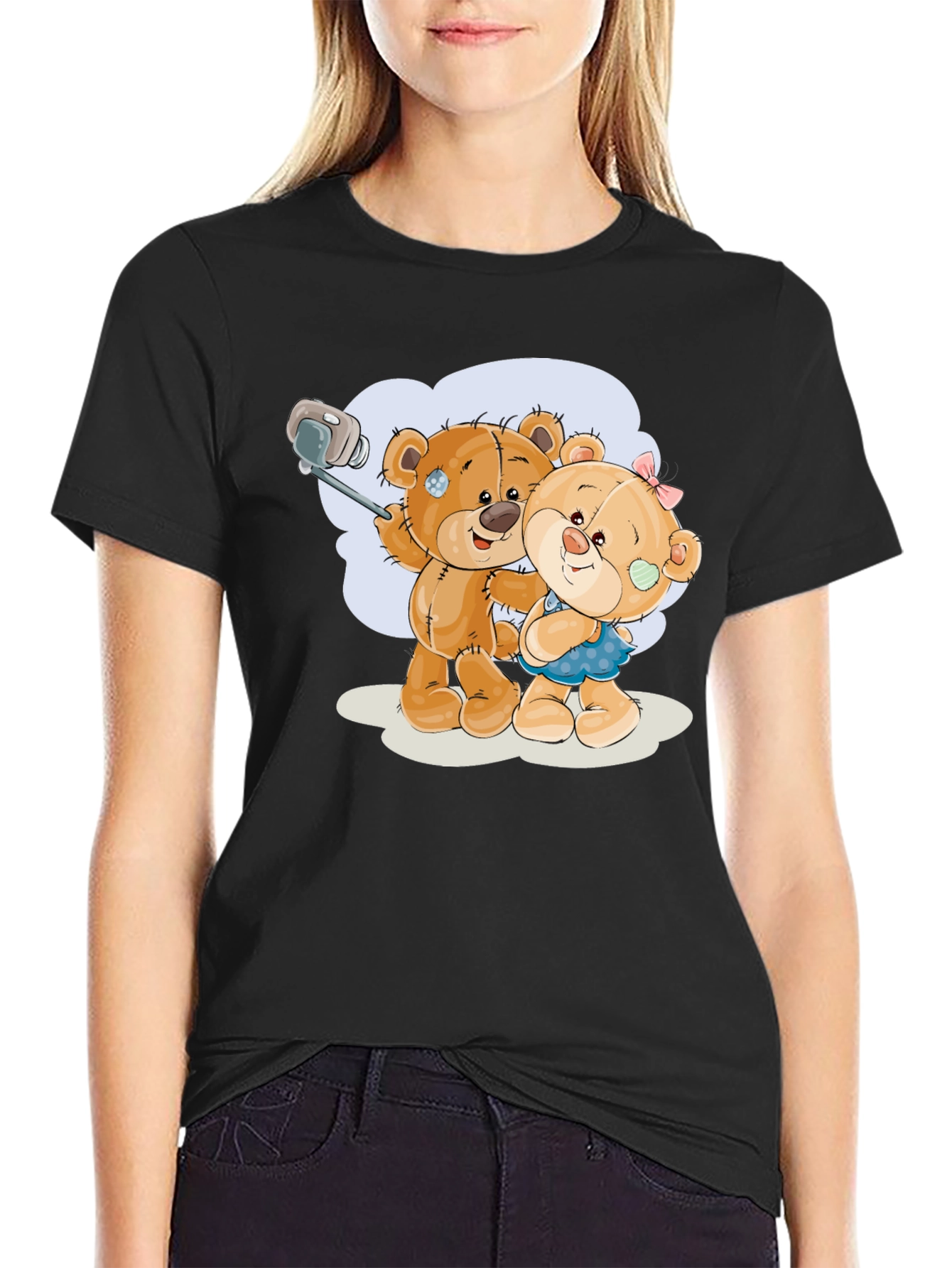 Cute Teddy Bear Selfie Black T-Shirt