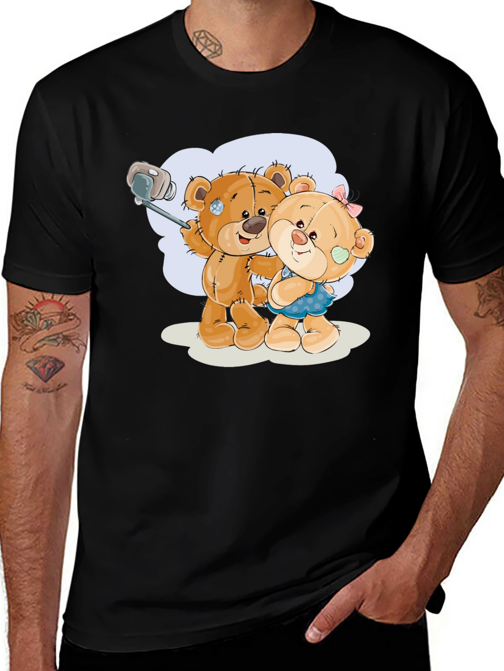 Cute Teddy Bear Selfie Black T-Shirt