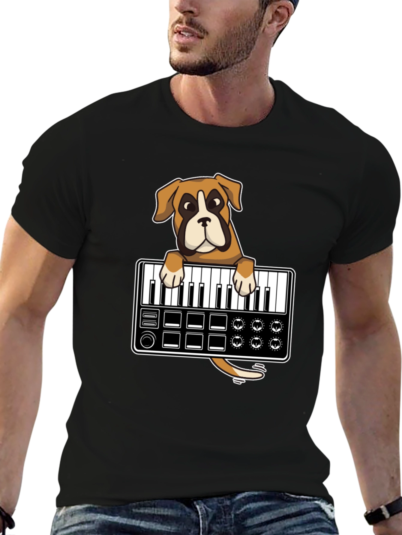 Boxer Dog DJ T-Shirt - Keyboard Lover Graphic Tee