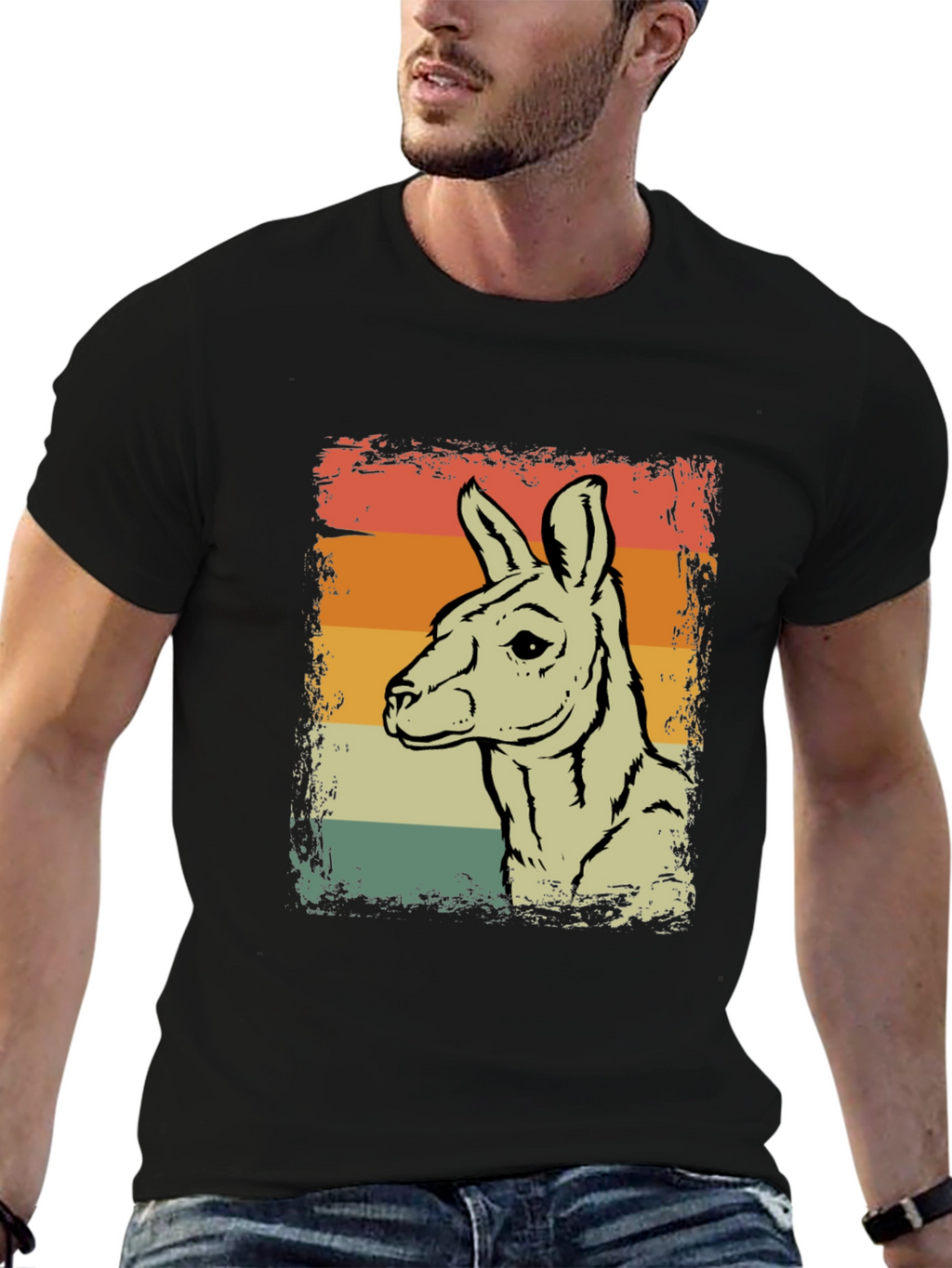 Retro Kangaroo Graphic Tee - Black Crew Neck