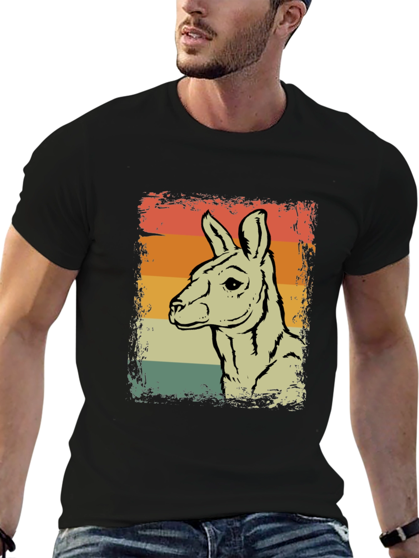 Retro Kangaroo Graphic Tee - Black Crew Neck