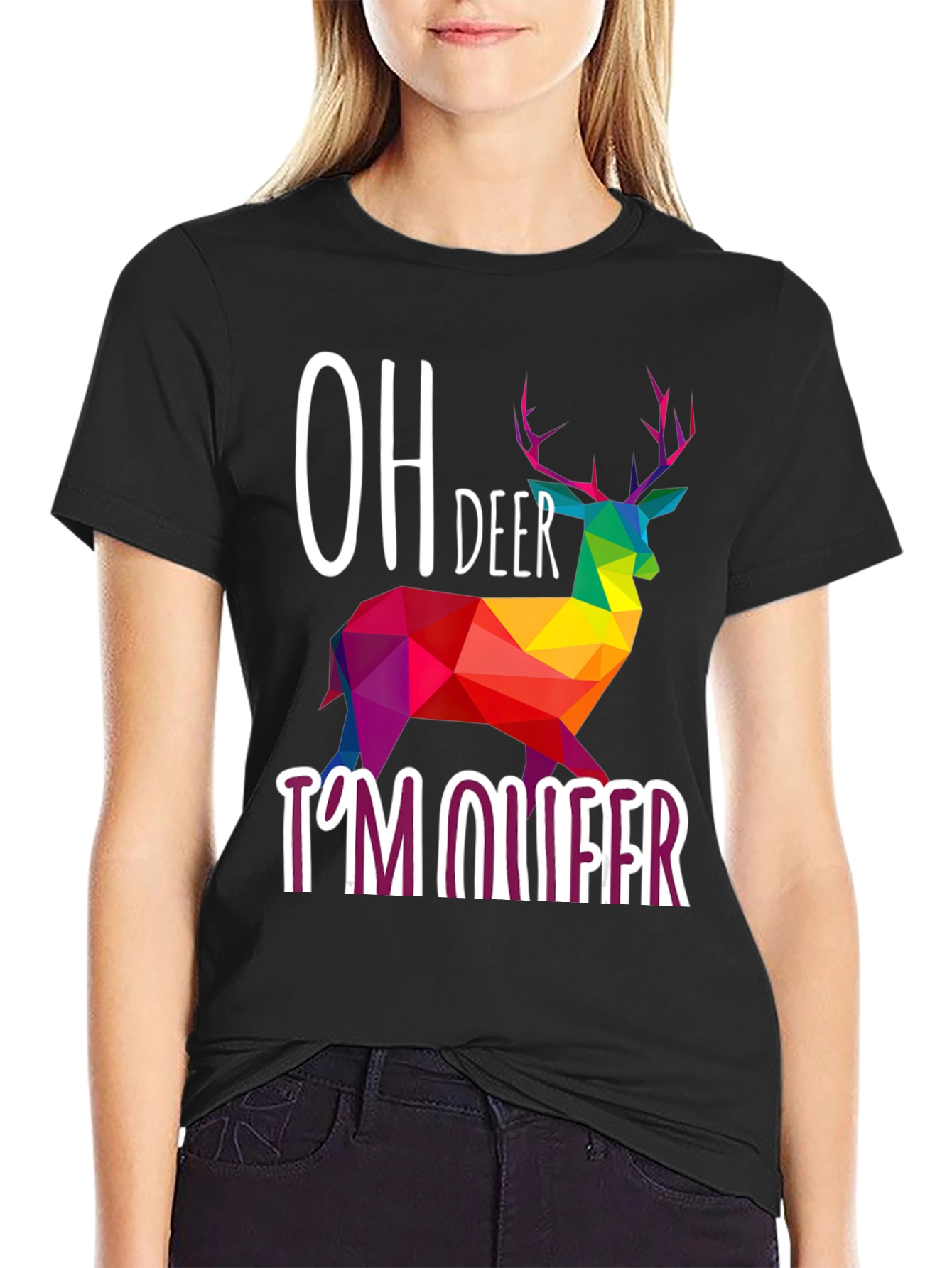 Oh Deer Im Queer T-Shirt Rainbow Geometric Deer Design
