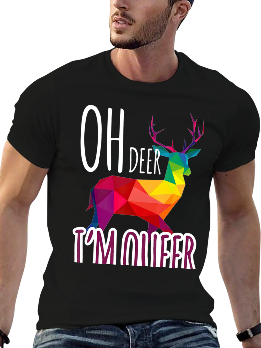 Oh Deer Im Queer T-Shirt Rainbow Geometric Deer Design