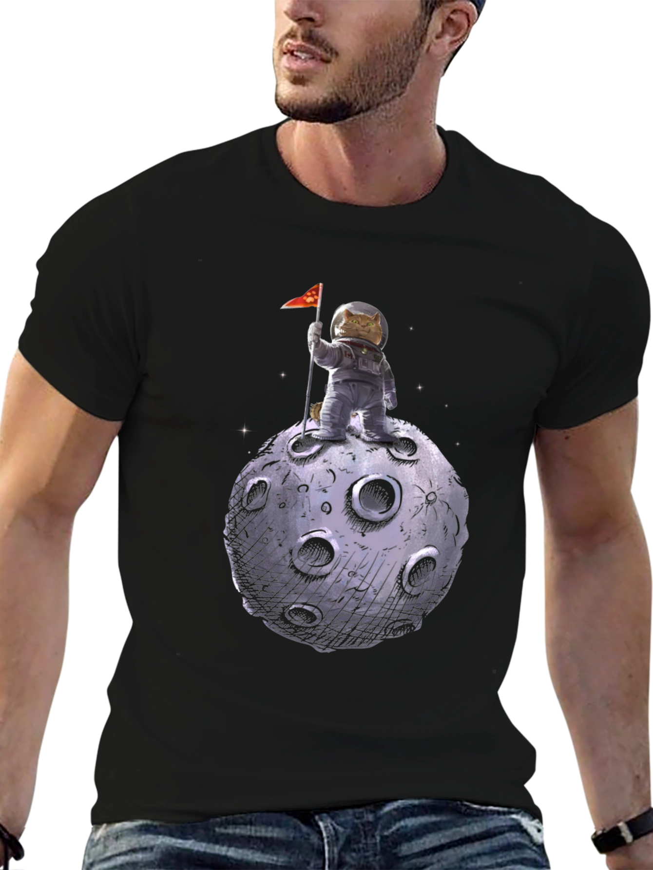 Cat Astronaut on Moon T-Shirt - Black
