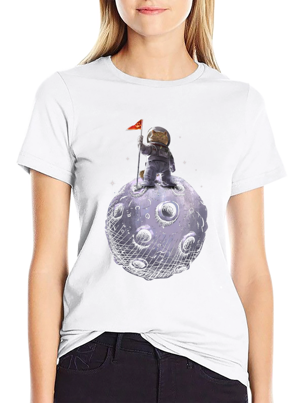 Cat Astronaut on Moon T-Shirt - Black