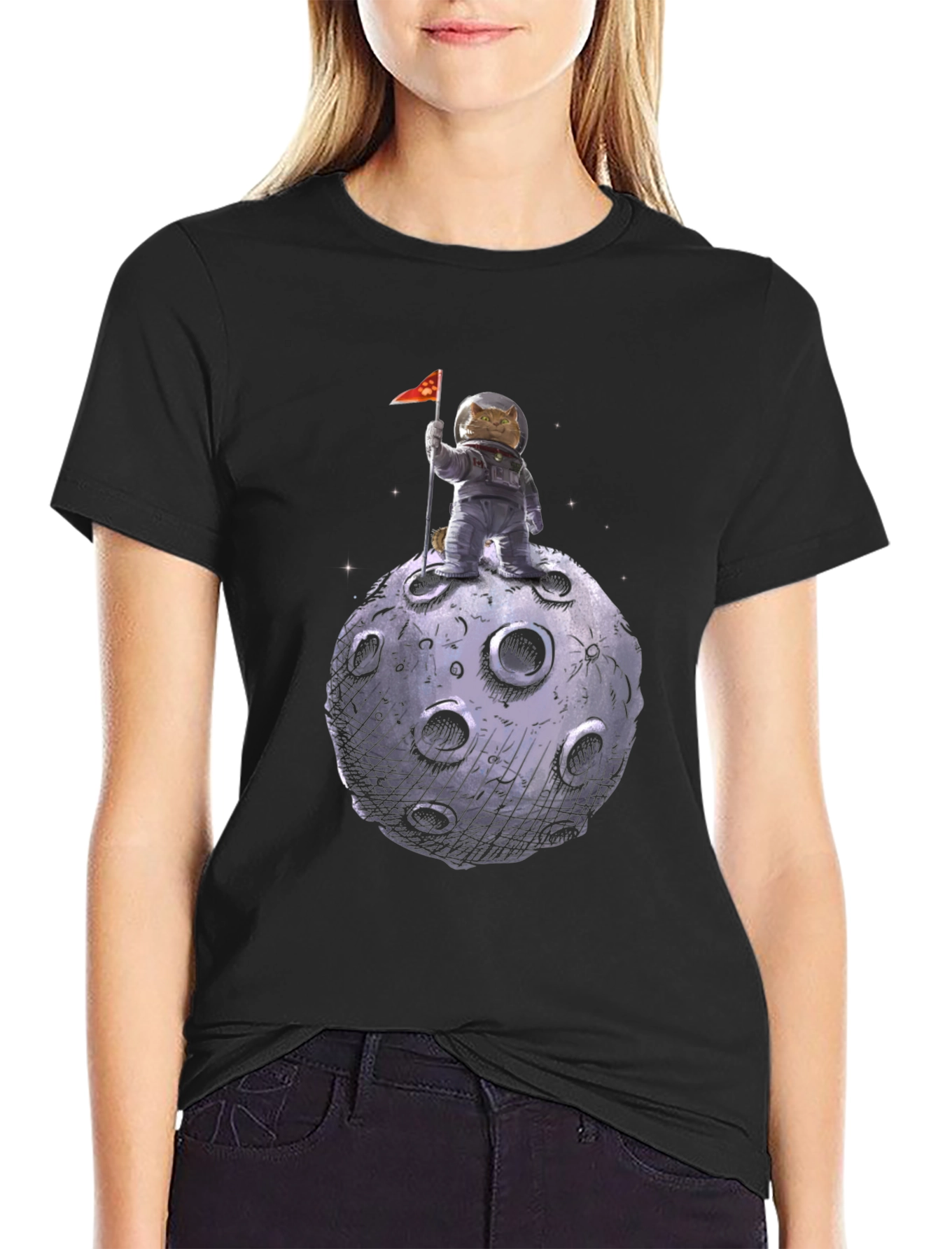 Cat Astronaut on Moon T-Shirt - Black