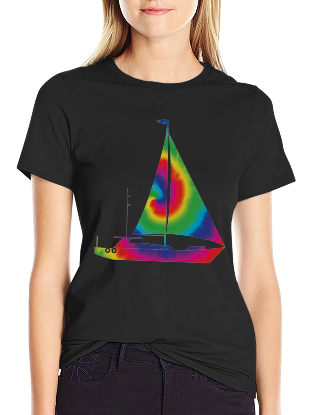 Tie-Dye Sailboat Graphic T-Shirt - Black