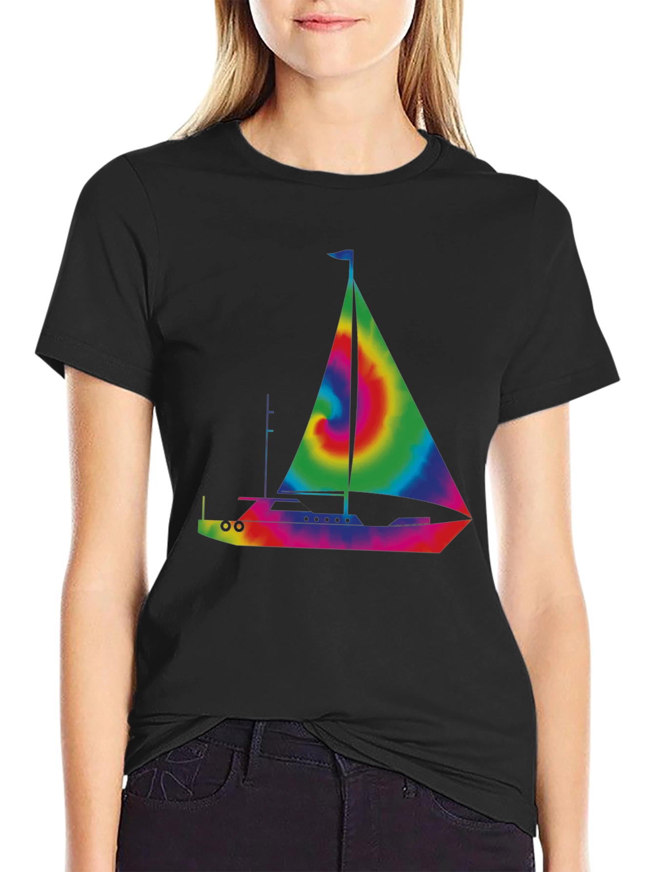 Tie-Dye Sailboat Graphic T-Shirt - Black