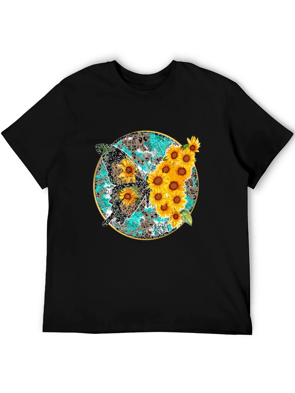 Sunflower Butterfly Print Black T-Shirt