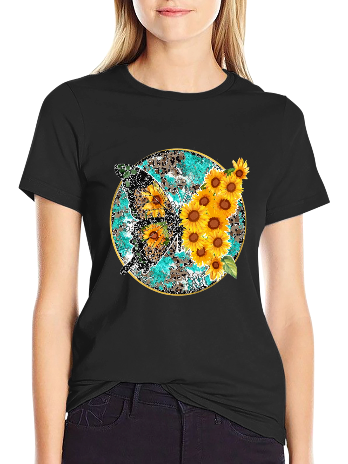Sunflower Butterfly Print Black T-Shirt