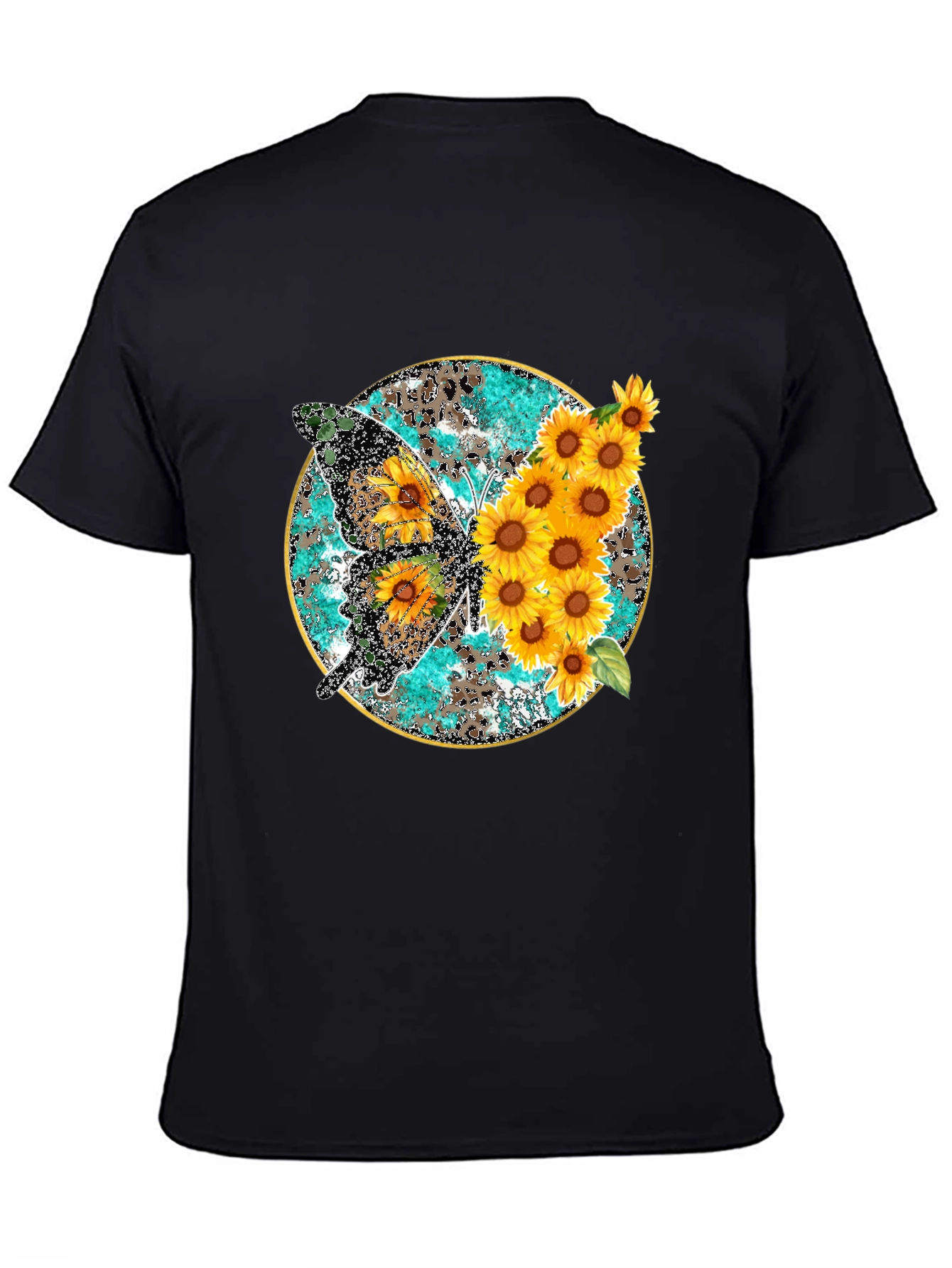 Sunflower Butterfly Print Black T-Shirt