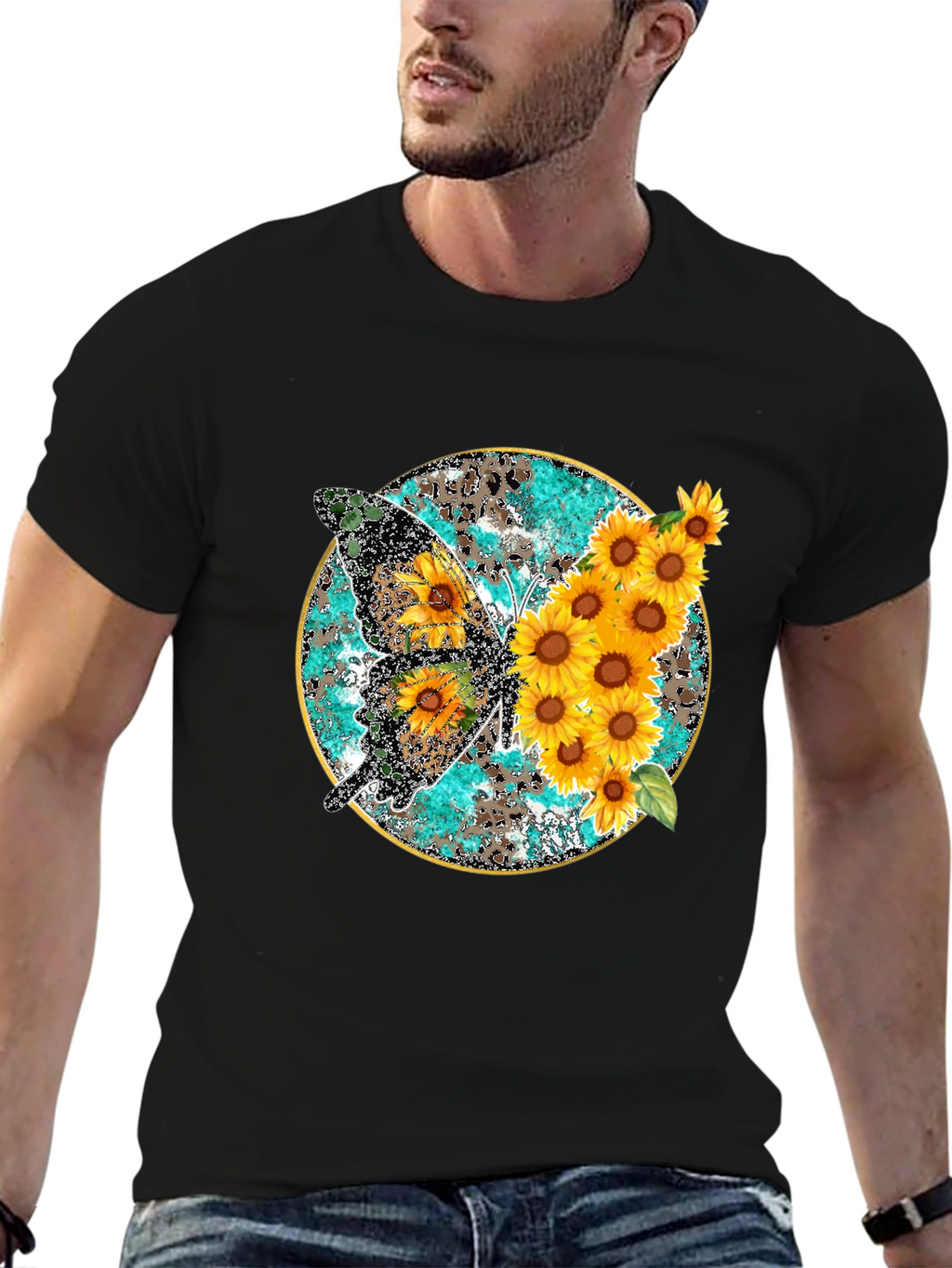 Sunflower Butterfly Print Black T-Shirt