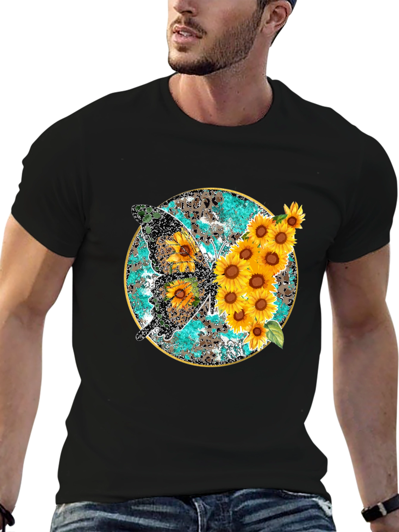 Sunflower Butterfly Print Black T-Shirt