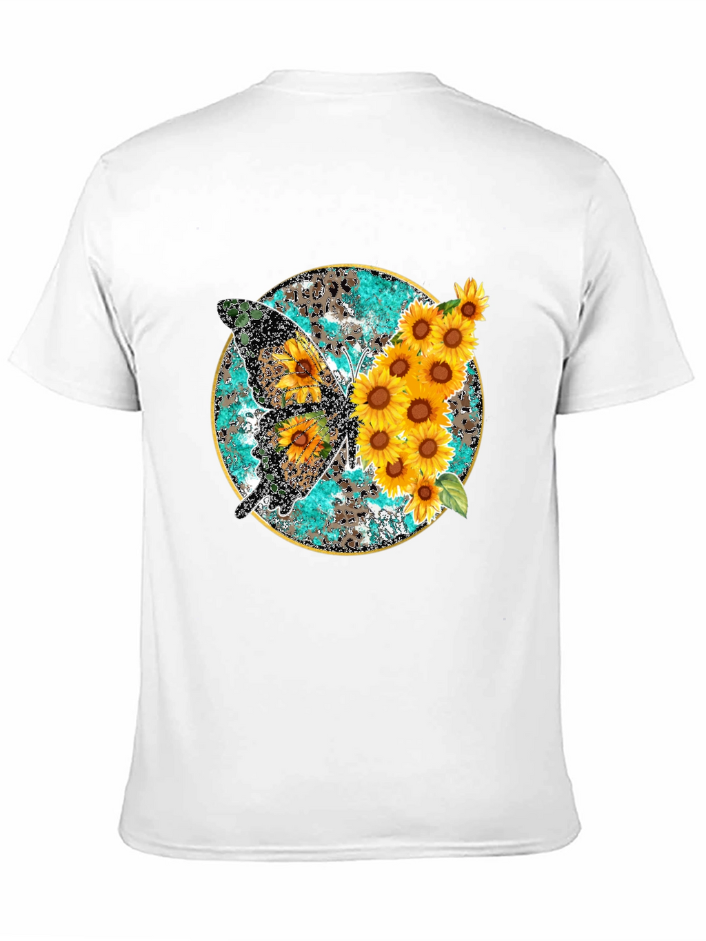 Sunflower Butterfly Print Black T-Shirt