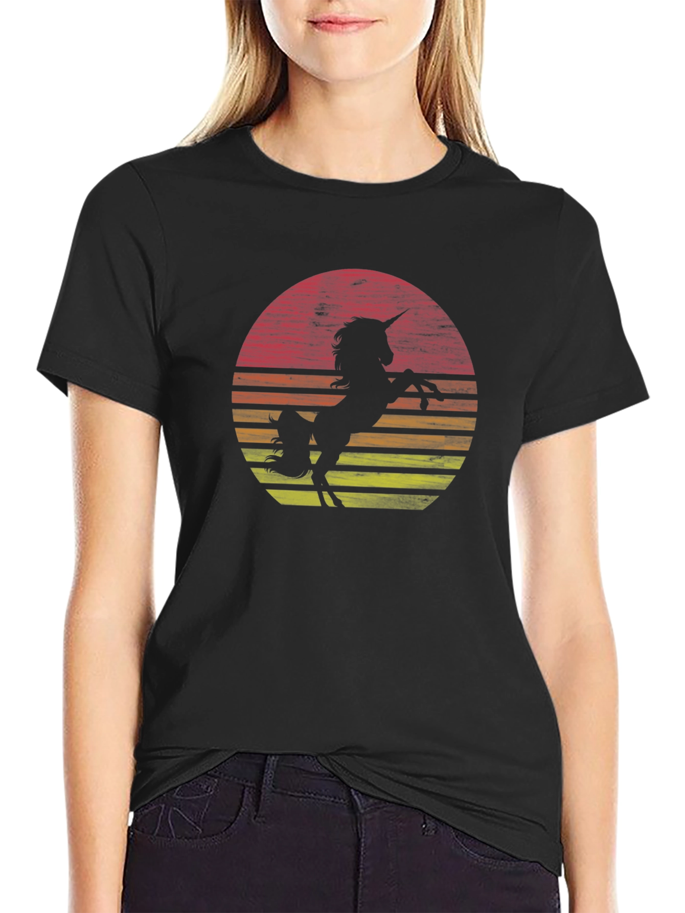Unicorn Sunset Graphic Tee - Black Cotton Shirt