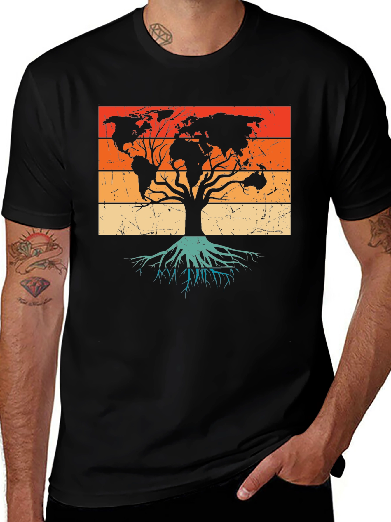World Map Tree Black T-Shirt