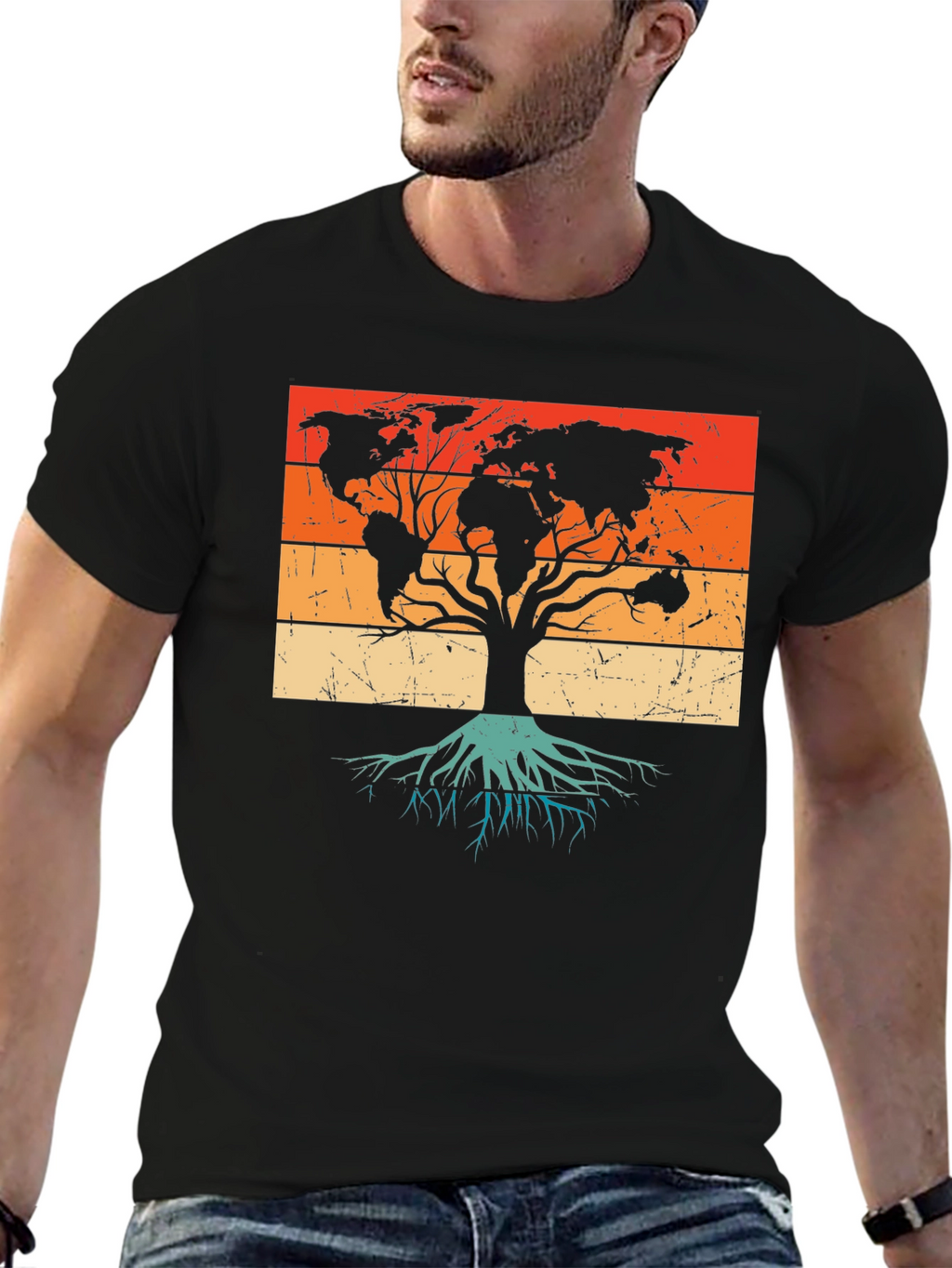World Map Tree Black T-Shirt