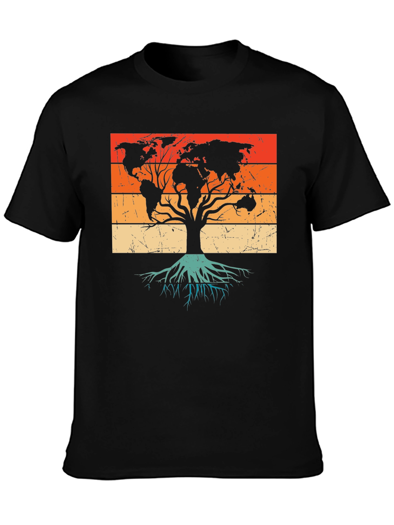 World Map Tree Black T-Shirt
