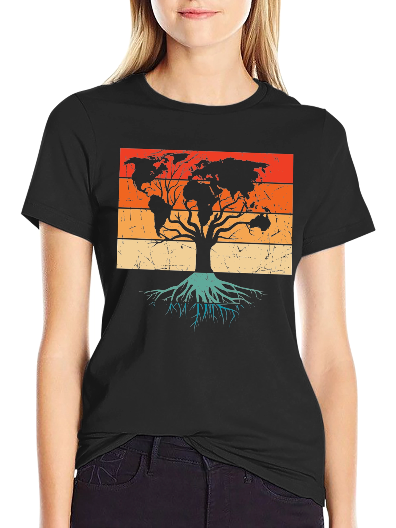 World Map Tree Black T-Shirt