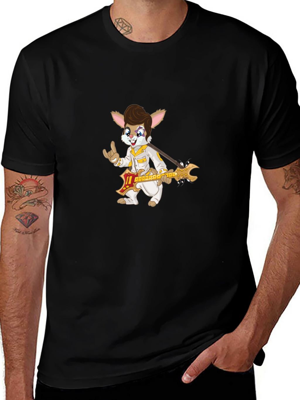Bunny Elvis Rock N Roll Black T-Shirt