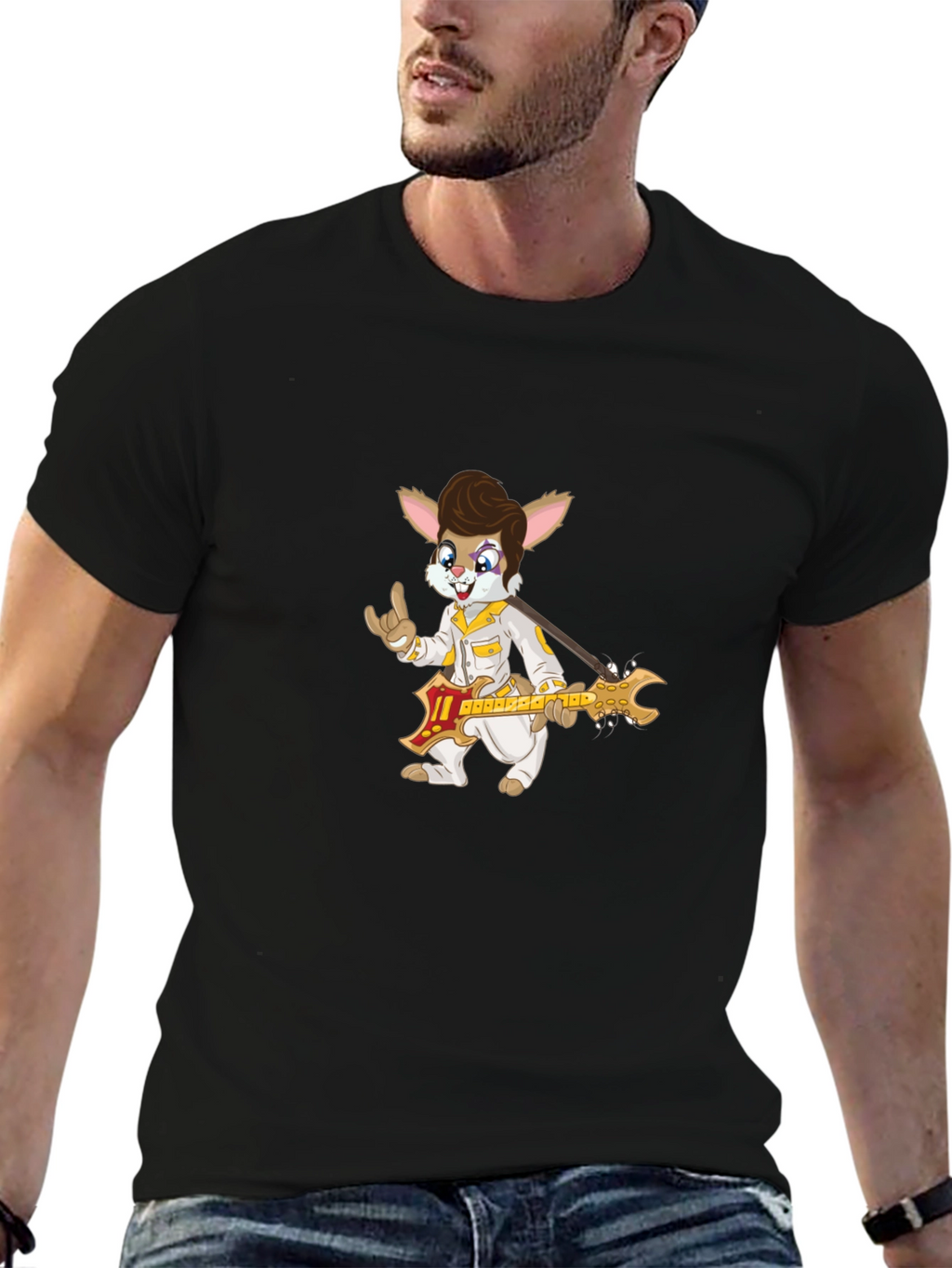 Bunny Elvis Rock N Roll Black T-Shirt